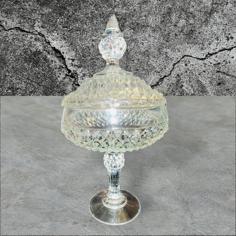 Vtg Indiana Glass Diamond Point Pedestal Footed Candy Dish Compote w/Lid EUC